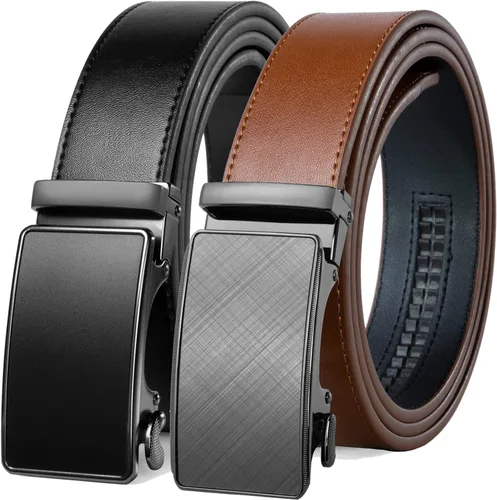 Founders & C Cinturón para hombre, 2 unidades, vestido de cuero con trinquete con hebilla deslizante de 1 38 pulgadas en caja de regalo, tamaño