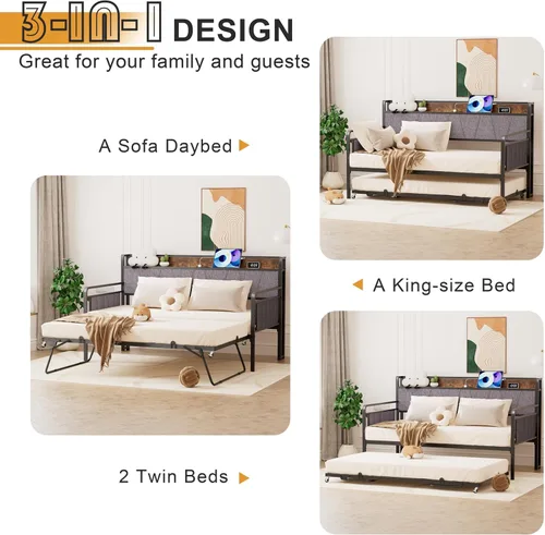 Miniatura 4 de Sofá cama individual con nido, moderno sofá cama individual, marco de cama de metal resistente con cabecera tapizada para sala de estar, dormitorio