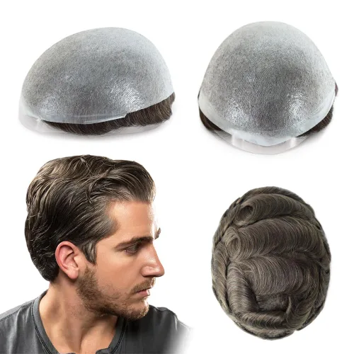 Miniatura 8 de Super Natural Mens Hair Piece 100 Cabello humano indetectable Mens Toupee Hair Systems Ultra Thin Skin V Looped Hair #10R WXL=8X10