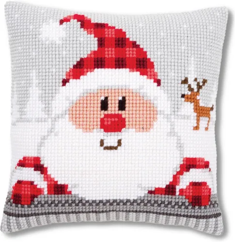 Vervaco Kit de almohada de Navidad de punto de cruz, Santa Joy, decoración del hogar, bordado estampado, cojín grueso de punto de cruz, suministros