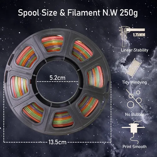 Miniatura 3 de Paquete de filamento PLA para impresión 3D 5 en 1: verde que brilla en la oscuridad, azul, púrpura y arco iris, multicolor, 0.55 libras por carrete