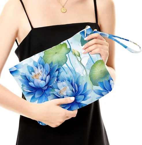 Miniatura 2 de Fokongna Bolsa húmeda con estampado floral, pequeño organizador portátil impermeable multifuncional para mujeres, lirio de agua azul, ideal para uso