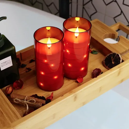 Miniatura 5 de NURADA Velas parpadeantes sin llama: luces de cadena de estrellas integradas que funcionan con pilas, velas LED de pilar con control remoto y Rojo