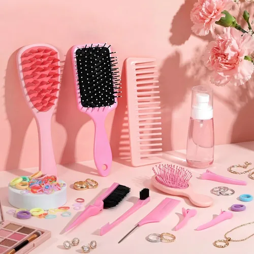 Miniatura 7 de ProSuites Juego de 76 cepillos de pelo rosa para bebés y niñas, cepillo de cuero cabelludo con asa, cepillo desenredante para el cabello, botella