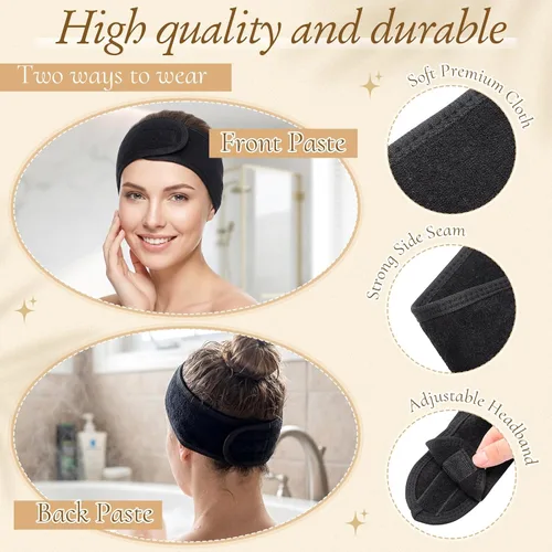 Miniatura 3 de Tigeen 80 diademas faciales de spa ajustables a granel, para mujeres, niñas, adultos, cuidado de la piel, maquillaje, ducha, lavado de cara (negro)