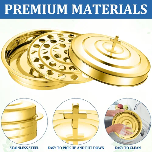 Miniatura 3 de Jingmore Communion Ware - 3 bandejas para servir vino santo con 1 cubierta, suministros de comunión de acero inoxidable, bandejas plateadas