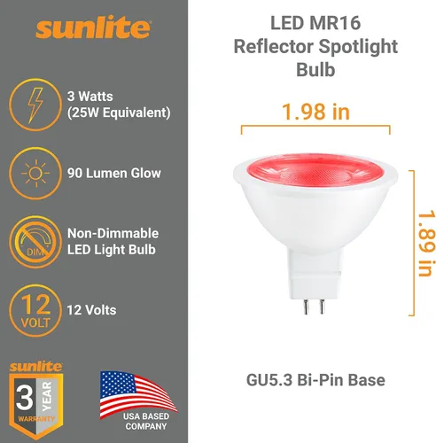 Miniatura 2 de Sunlite Foco reflector LED MR16 41047, 90 lúmenes, 3 vatios (ecualizador de bombilla halógena de 25 W) 12 V, base bi-pin GU5.3, no regulable, Rojo