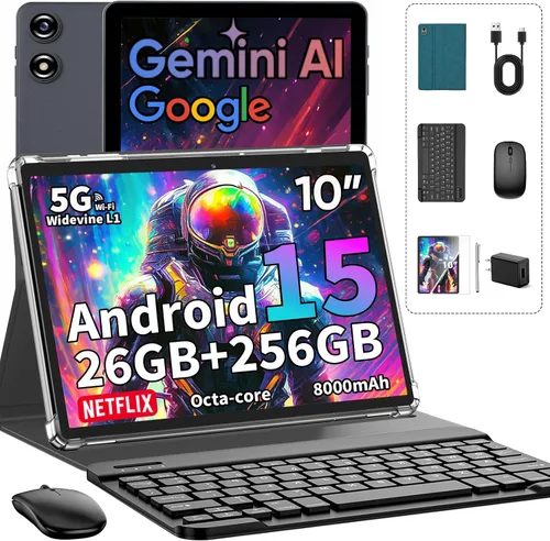 Tableta Android 15 2026 con teclado, 26GB+256GB+2TB Expand, Tablet PC de 10 pulgadas con Gemini AI, Octa-Core, 8000mAh, WiFi 5G, Widevine L1, GPS,