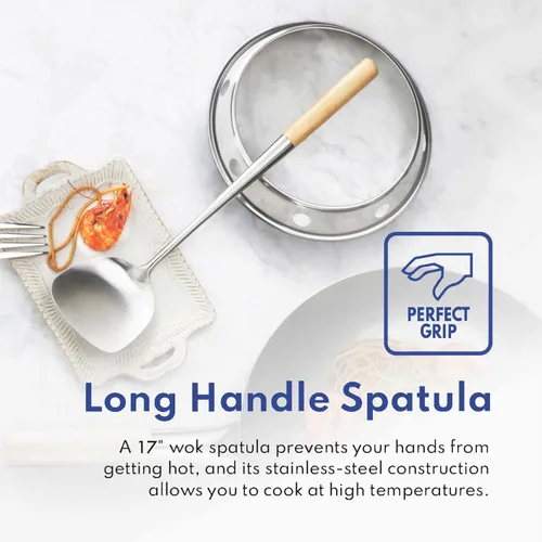 Miniatura 4 de New Star Foodservice Juego de wok de acero al carbono, fondo redondo de 14 pulgadas, martillado a mano con mango auxiliar de madera y acero, incluye