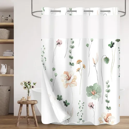 Miniatura 17 de Gibelle Juego de cortina de ducha pequeña sin gancho con forro de tela a presión, 36 x 74 pulgadas, cortina de ducha de flores azules y beige