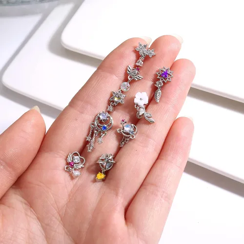 Miniatura 5 de Dochias - 9 aretes colgantes de nariz de 20 G para mujer, de acero inoxidable, en forma de L, corazón, flecha, plumas, copo de nieve, ala de copo