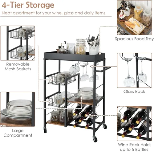 Miniatura 6 de Giantex Carrito de isla de cocina con ruedas, carrito de servicio de bar móvil, con bandeja superior extraíble, estante para vino, soporte