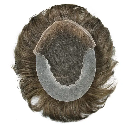 Miniatura 57 de Tupé para hombres 100% europeos unidades de cabello humano francés sistema de cabello de encaje con nudos blanqueados, línea capilar natural para #5
