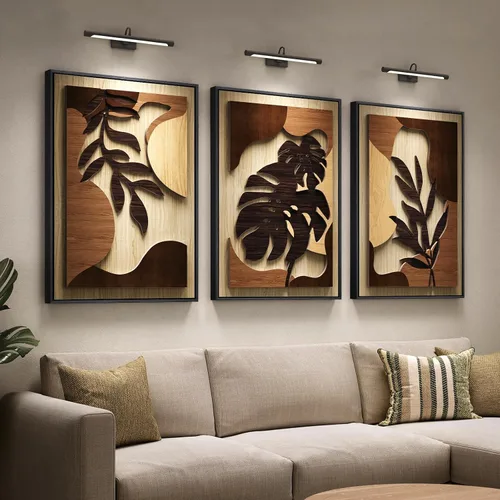 Miniatura 10 de Arte de pared de madera 3D con textura bohemia 3D para dormitorio, 3 piezas de arte de madera tallada botánica tropical para paredes, hoja de Marrón