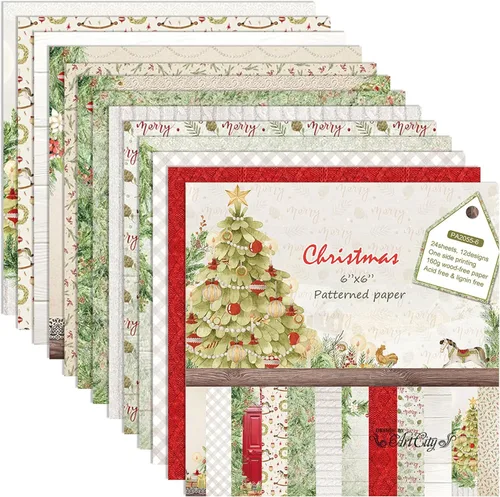 Papel para álbum de recortes de Navidad, 24 hojas de papel decorativo vintage con diseño de árbol de Navidad, copos de nieve y flores, papel para