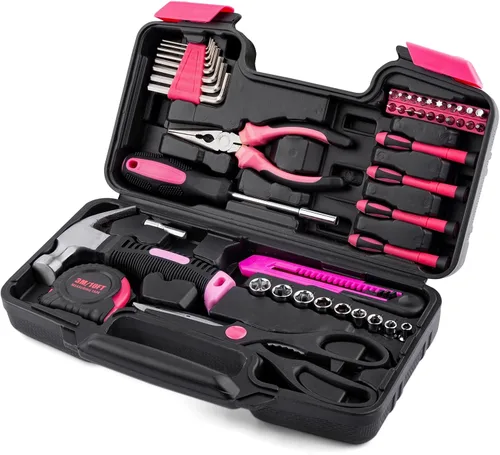 Miniatura 2 de Juego de herramientas, mini kit de herramientas, 49 piezas para el hogar, color rosa, pequeño, básico para el hogar, juego de herramientas con caja