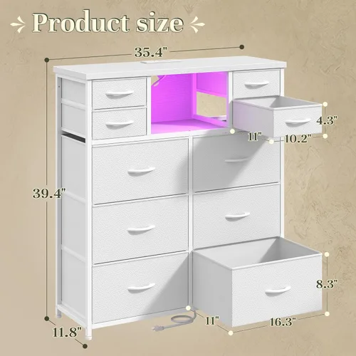 Miniatura 3 de Cómoda blanca para dormitorio con estación de carga y luces LED, 10 cajones de tela con estantes abiertos, cómoda resistente organizador de Blanco