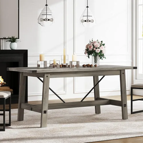 WAMPAT Mesa de comedor de granja de 67.7 pulgadas para 4-6 personas, mesa de cocina rectangular moderna de madera con patas de madera resistentes,