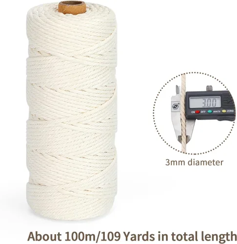 Miniatura 3 de Cordón de macramé 3mm x 109 yardas (328 pies), cuerda de macramé de algodón natural - 4 hebras de cuerda de algodón trenzada para colgar