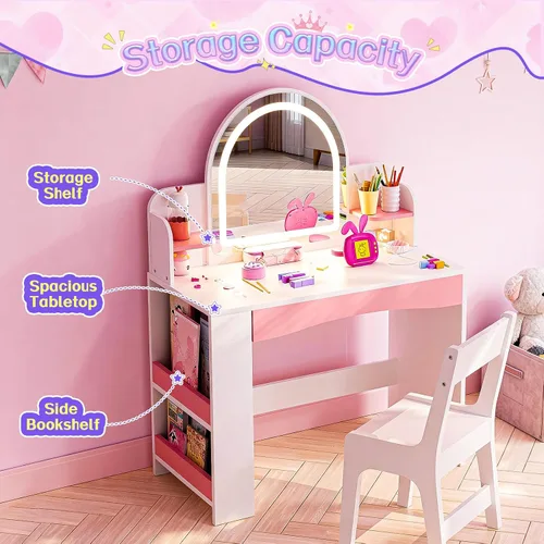 Miniatura 2 de Teckid Juego de mesa y silla para niños con luces, escritorio de tocador para niñas, tocador de maquillaje de princesa para niños con estantes