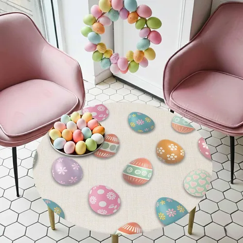 Miniatura 7 de Mantel redondo ajustable con diseño de huevos de Pascua de 36 a 44 pulgadas, bonito mantel colorido con borde elástico, manteles impermeables a