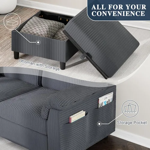 Miniatura 3 de Sofás seccionales para sala de estar, sofá en forma de L con bolsillo lateral de almacenamiento, cómodos sofás de 3 asientos para apartamento, gris