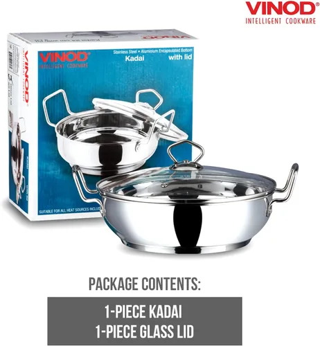 Miniatura 5 de Vinod Kadhai de acero inoxidable con tapa de vidrio – Apto para inducción (7.1 in/7 pulgadas) – 1.5 litros (1.7 cuartos de galón) – 6 tazas