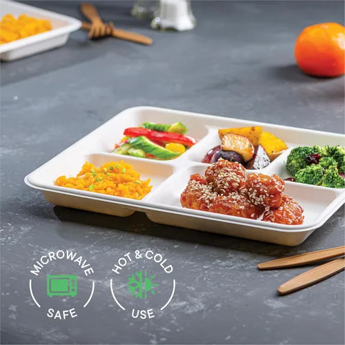 Miniatura 5 de Plato de papel 100% compostable, paquete de 125 unidades bandeja de 5 compartimientos desechable de calidad resistente, ecológica hecha de fibras