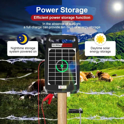 Miniatura 4 de Cargador de cerca eléctrica solar de 10 millas, salida 0.18J cargador de cerca eléctrica, protección ininterrumpida de 24 horas cargador de cerca