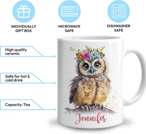 Miniatura 3 de Hyturtle Regalos personalizados para amantes de los búhos – Taza de café de cerámica con nombre personalizado de 11 onzas – Idea de regalos lindos