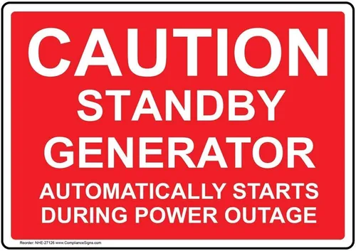 ComplianceSigns. El generador de espera de precaución com comienza automáticamente durante la señal de corte de energía, rojo 10x7 en. plástico para