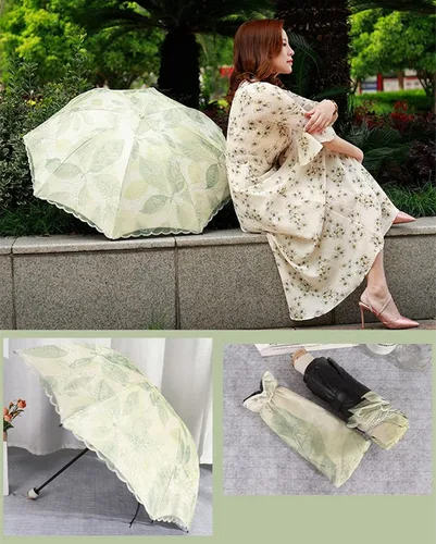 Miniatura 6 de URAWESO Parasol bordado encaje protección UV hoja impresa paraguas plegable para playa, viajes, boda, fiesta, decoración sesión de fotos