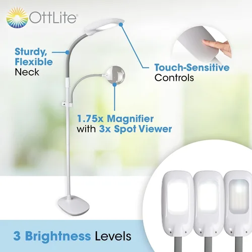 Miniatura 2 de OttLite Lámpara de pie LED con lupa de grado óptico, tecnología LED ClearSun, 3 ajustes de brillo, brazos ajustables y controles sensibles al tacto