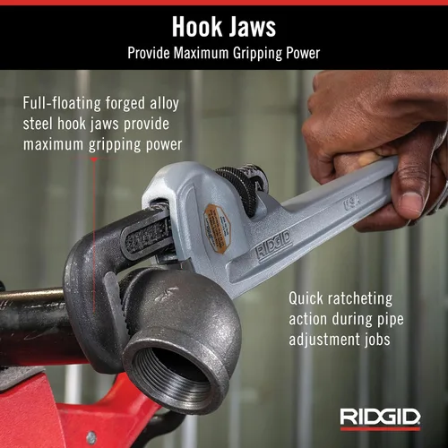 Miniatura 6 de RIDGID 31090 Llave de tubo recto de aluminio, llave de fontanería resistente de 10 pulgadas con hilos autolimpiantes y mordazas de gancho