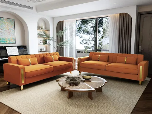 Miniatura 10 de Sofá de dos plazas para sala de estar, sofá de terciopelo beige de 86 pulgadas con 2 almohadas y patas de metal dorado, sofá tapizado moderno sofá