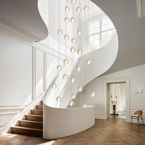Miniatura 6 de Lámpara de escalera de 25 luces para techo alto, lámpara colgante de gota de lluvia de cristal moderno ajustable, luz colgante larga y grande