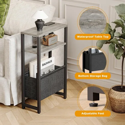 Miniatura 4 de Mesa auxiliar estrecha, mesa auxiliar delgada con revistero, mesita de noche para espacios pequeños, mesa de sofá de 3 niveles para sala de estar