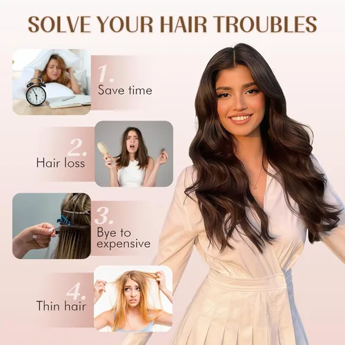 Miniatura 2 de Extensiones de cabello con clip para mujer, negro natural con reflejos marrones, 20 pulgadas, 6 piezas, extensiones de cabello largo, ondulado