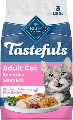 Blue Buffalo Tastefuls - Comida seca natural para gatos adultos, estómago sensible, receta de pollo y arroz integral, bolsa resellable de 3 libras