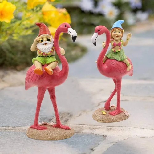 Miniatura 5 de Goodeco Paquete de 2 estatuas de flamenco de gnomos de 11 pulgadas, adorables regalos de flamenco rosa hawaiano, regalos de cumpleaños y mamá