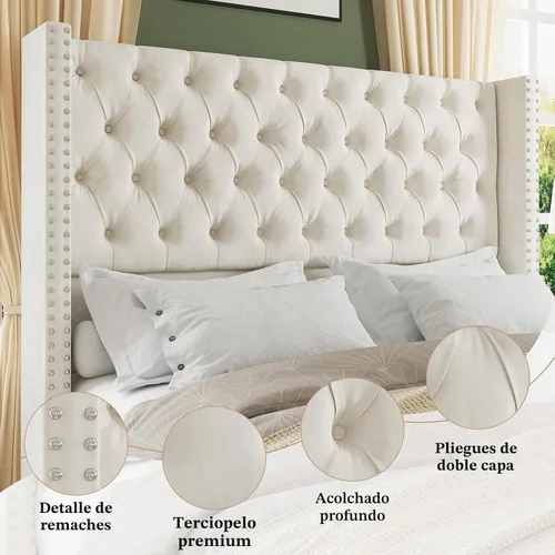 Miniatura 3 de Jocisland Base de cama tamaño Queen con cabecera de terciopelo acolchado con respaldo alado de 51.6" pulgadas, cama de plataforma tapizada moderna