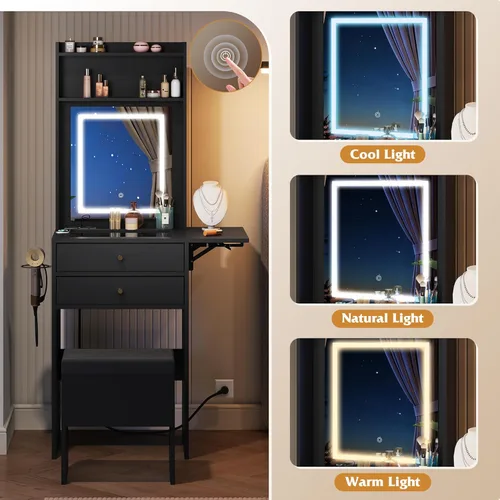 Miniatura 3 de WLIVE Pequeño escritorio negro con espejo y luces, juego de tocador de maquillaje compacto con panel plegable y silla, tocador con estación de carga