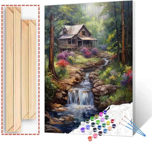Miniatura 12 de Tucocoo Kit de pintura de flores para casa por números con pinceles y pigmento acrílico sobre lienzo para adultos, paisajes de bosques arroyos