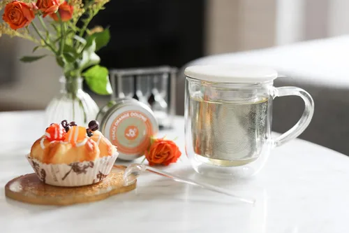 Miniatura 3 de Teabloom Taza de té para uno: taza de vidrio aislada de doble pared (12 onzas), infusor de acero inoxidable, tapa de porcelana/posavasos - ideal