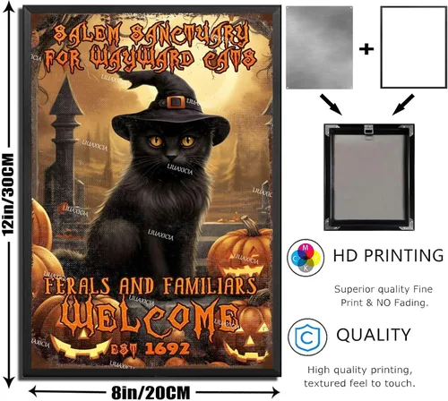 Miniatura 2 de Letrero decorativo de metal Salem Sanctuary for Wayward Cats Cat Halloween para bares, restaurantes, bares, hoteles, zoológicos, cafeterías, 8.00 x