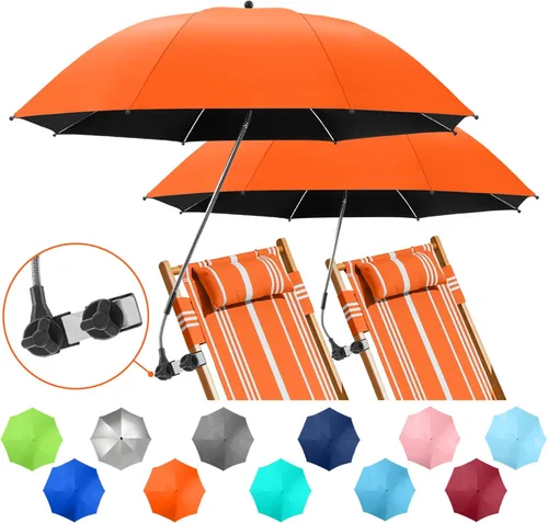 Miniatura 7 de Paquete de 2 paraguas de playa con abrazadera, paraguas ajustable de 360° para silla, paraguas UPF50+ para silla de playa, silla de patio, silla