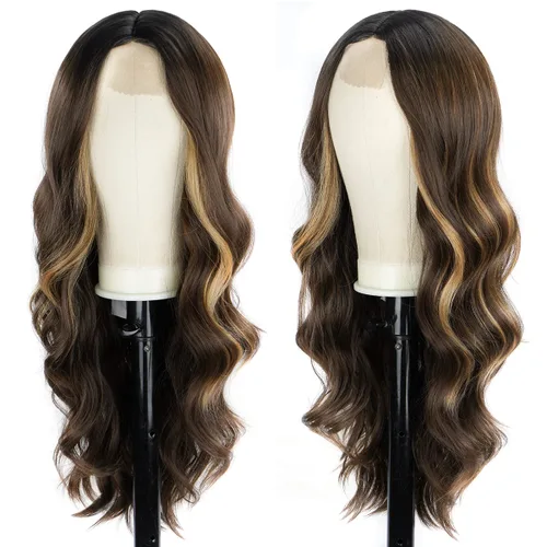 Miniatura 8 de Halcyon - Peluca sintética ondulada de 26 pulgadas, parte central natural, reflejos marrones 3-row hand-tied parting for realistic scalp
