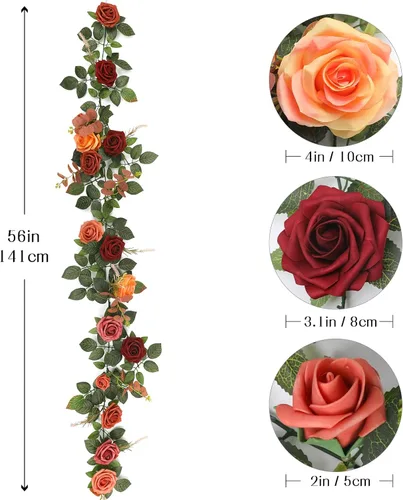 Miniatura 9 de Senseya Guirnalda de flores de rosas artificiales de 5 pies, vid floral falsa de terracota con hojas de rosa, guirnalda de flores rústicas