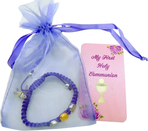 Miniatura 3 de Westmon Works Juego de pulseras para la primera comunión para niñas, color morado, con dijes de San Benito, macramé, ajustable, accesorios