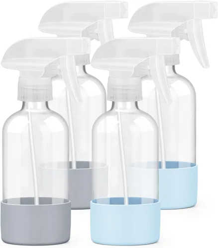 Worldgsb Paquete de 4 botellas de vidrio con atomizador de 8 onzas, envases recargables vacíos con protección de funda de silicona, botellas de Azul